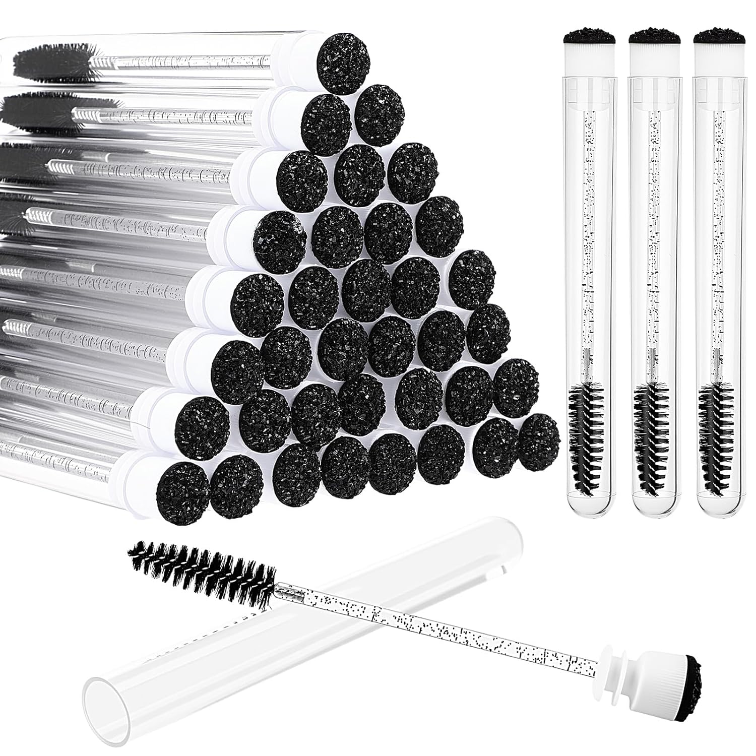 Patelai 80 Pieces Disposable Mascara Brushes Tubes Set, 40 Pcs Empty Mascara Wand Tube with 40 Pcs Eyelash Brush Makeup Tool for Eyelash Extension (Black Sequins Style)