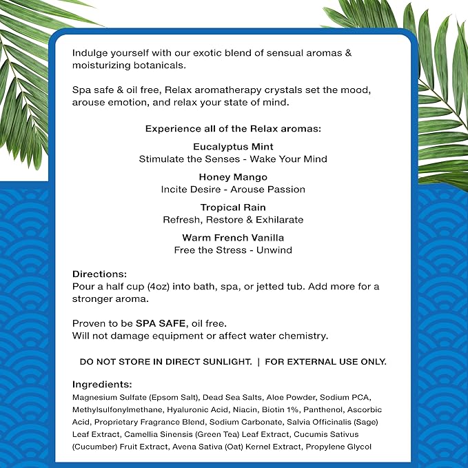 Relax Spa & Bath, Epsom & Dead Sea Salts, Aromatherapy Bath Salts for Hot Tub, Bath, or Spa, Infused with Magnesium, Mothers Day Gifts & Gifts for Mom, Tropical Rain Scent