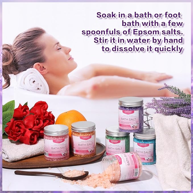 6 Pack Bath Salt KIT for Soaking Himalayan Pink Salt Lavender Orange Rose Pink Scent Epsom Salt Bubble Bath for Women Gift with Dead Sea Salt Moisturizing Skin Essential Oil