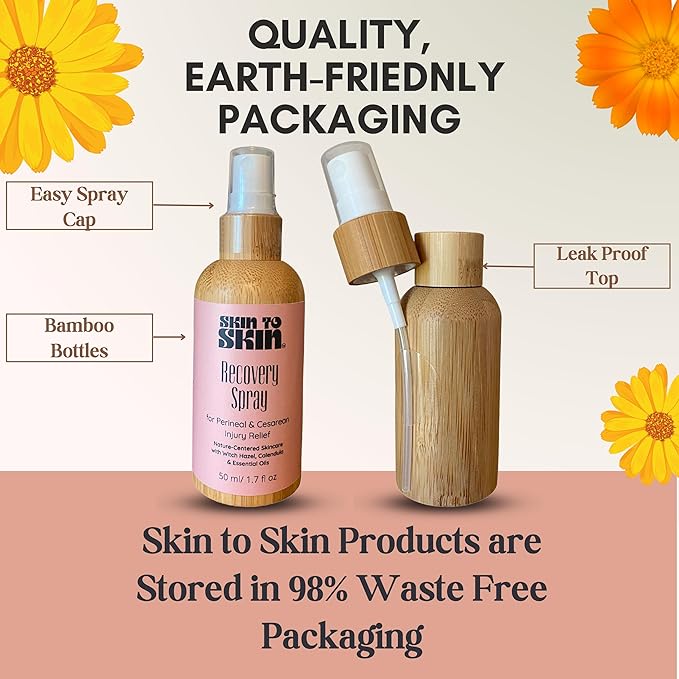 Skin to Skin Postpartum Recovery Kit - 4 Piece Set in Cosmetic Bag - Includes: Herbal Bath, Recovery Spray, Restorative Salve, Nipple Butter - After Birth Care