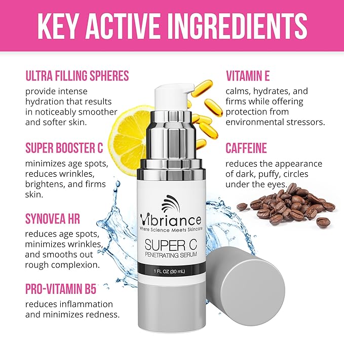 Vibriance Super C Serum for Mature Skin - All-in-One Vitamin Formula Hydrates, Firms, Lifts, Smooths, Targets Age Spots, Wrinkles, 1 fl oz - Pack of 3