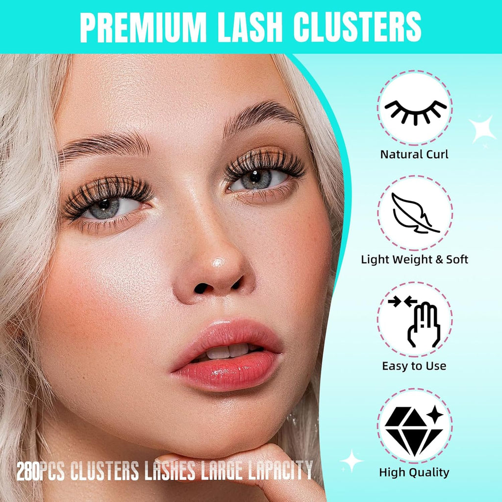 Lash Clusters Wispy 280PCS Eyelash Extension 70D Cluster Lashes Individual Lashes DIY Lash Extension Natural Look Cluster Eyelash Extensions Soft False Eyelashes at Home for Beginners(16mm)