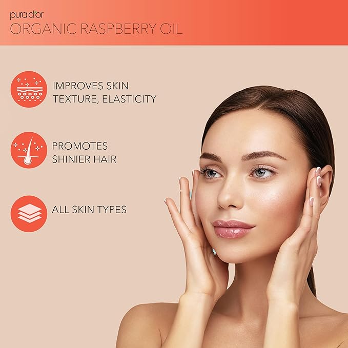PURA D'OR 3.38 Oz ORGANIC Red Raspberry Seed Oil - 100% Pure USDA Certified, Cold Pressed Unrefined, Hexane-Free, Premium Grade - Sun Protection For Skin, Body & Hair