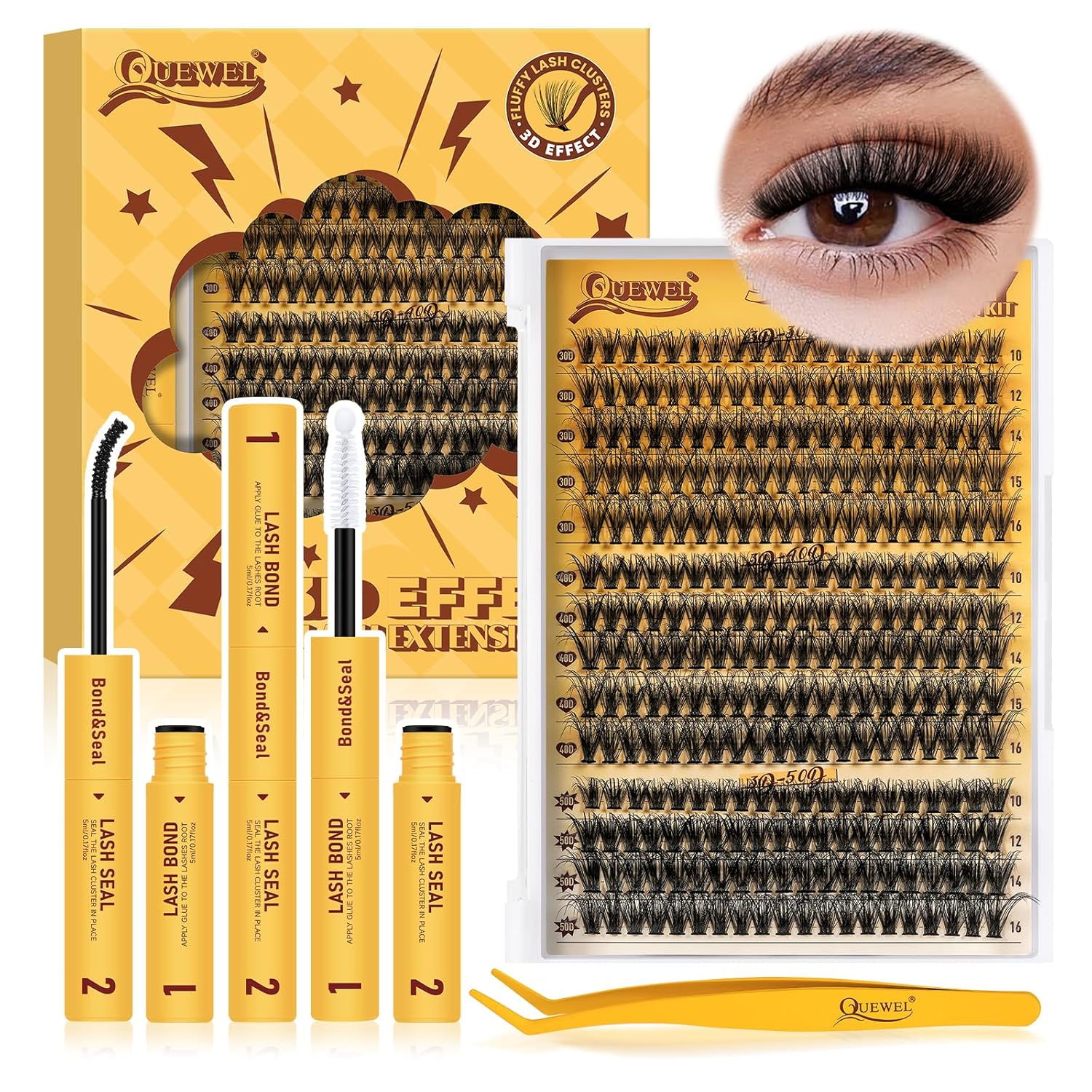 QUEWEL DIY-Lash-Extension-Kit, 3D Lash-Clusters-Kit with 280PCS 30+40+50D Lashes Clusters Mixed 10-16mm Eyelash Clusters, Lash Bond and Seal, Eyelashes Tweezers DIY at Home(3D 30+40+50 KIT)