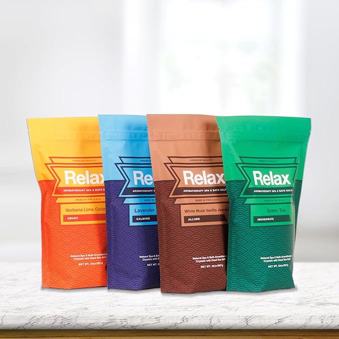Relax Spa & Bath, Epsom & Dead Sea Salts, Aromatherapy Bath Salts for Hot Tub, Bath, or Spa, Infused with Magnesium, 4 Pack, Escape Therapy