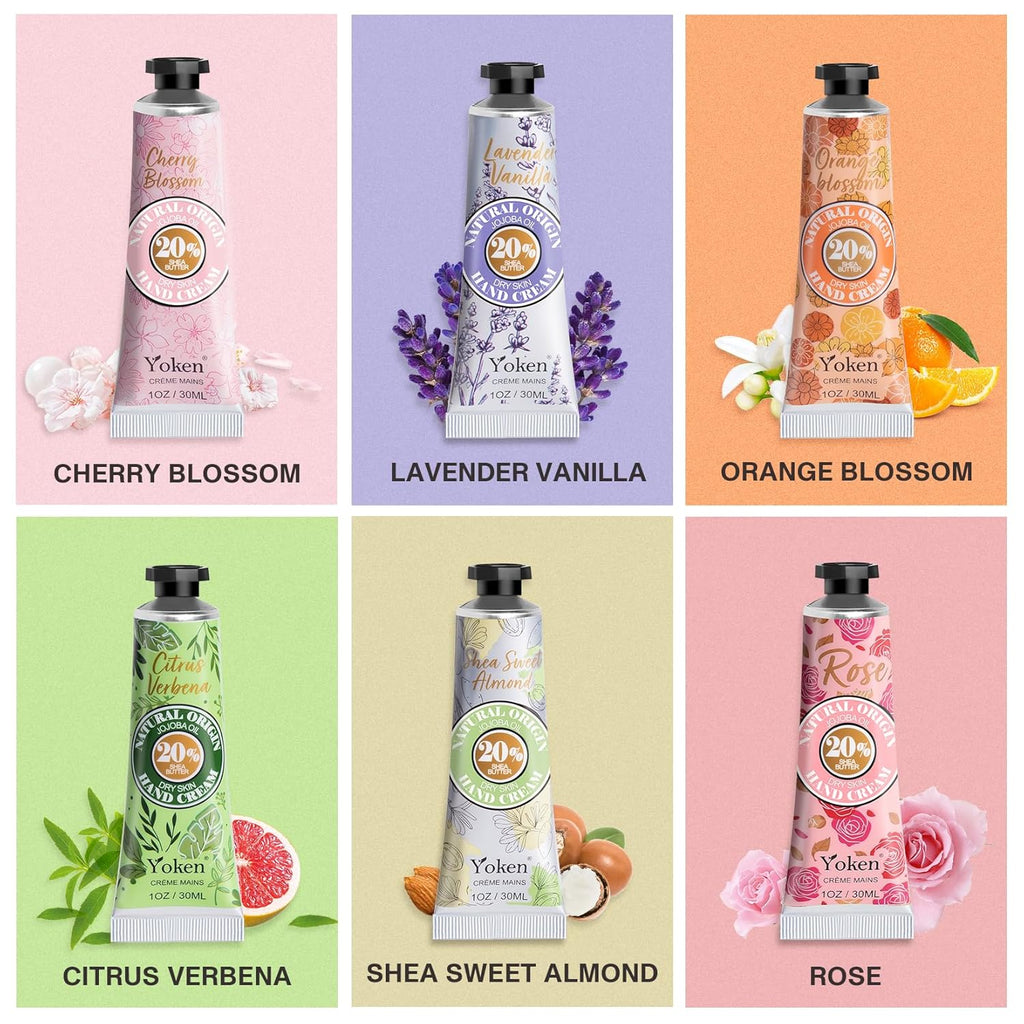Yoken 20% Shea Butter Hand Cream Gift Set, Instant Moisturizing Hand Cream for Women Dry Hands with Delicate Tin, Floral-Scented Hand Lotion 6 x 1 OZ