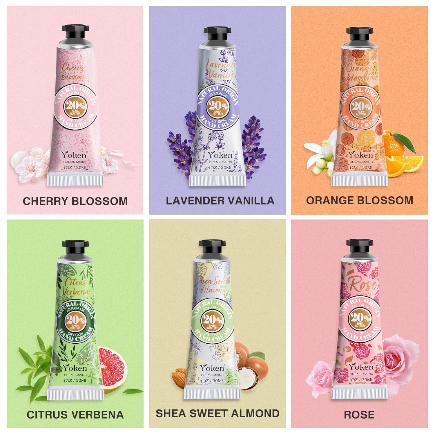 Yoken 20% Shea Butter Hand Cream Gift Set, Instant Moisturizing Hand Cream for Women Dry Hands with Delicate Tin, Floral-Scented Hand Lotion 6 x 1 OZ