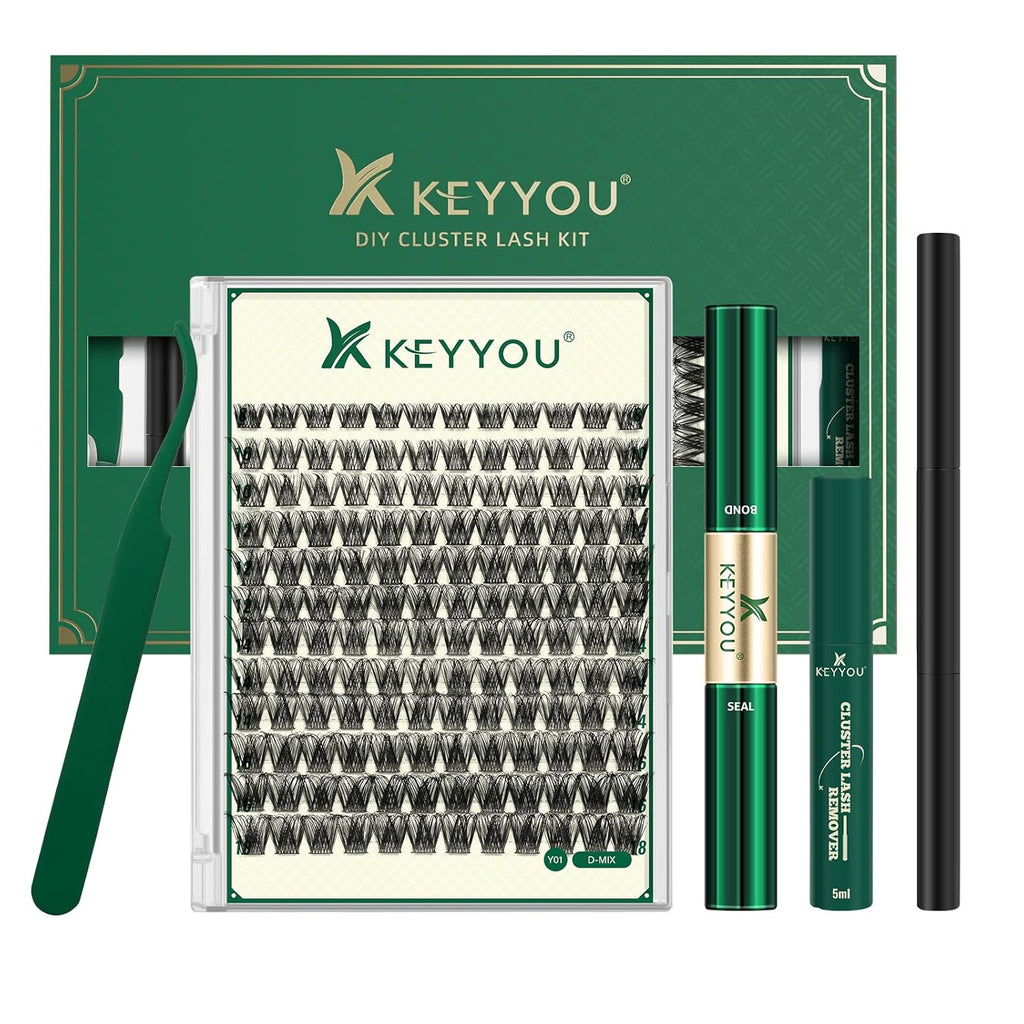 DIY Lash Extension Kit KEYYOU 144pcs Lash Clusters Eyelash Extension Kit with Mascara Brush Bond and Seal Lash Glue Remover Lash Applicators Lash Brush for DIY Lash Extensions (Y01 Kit)