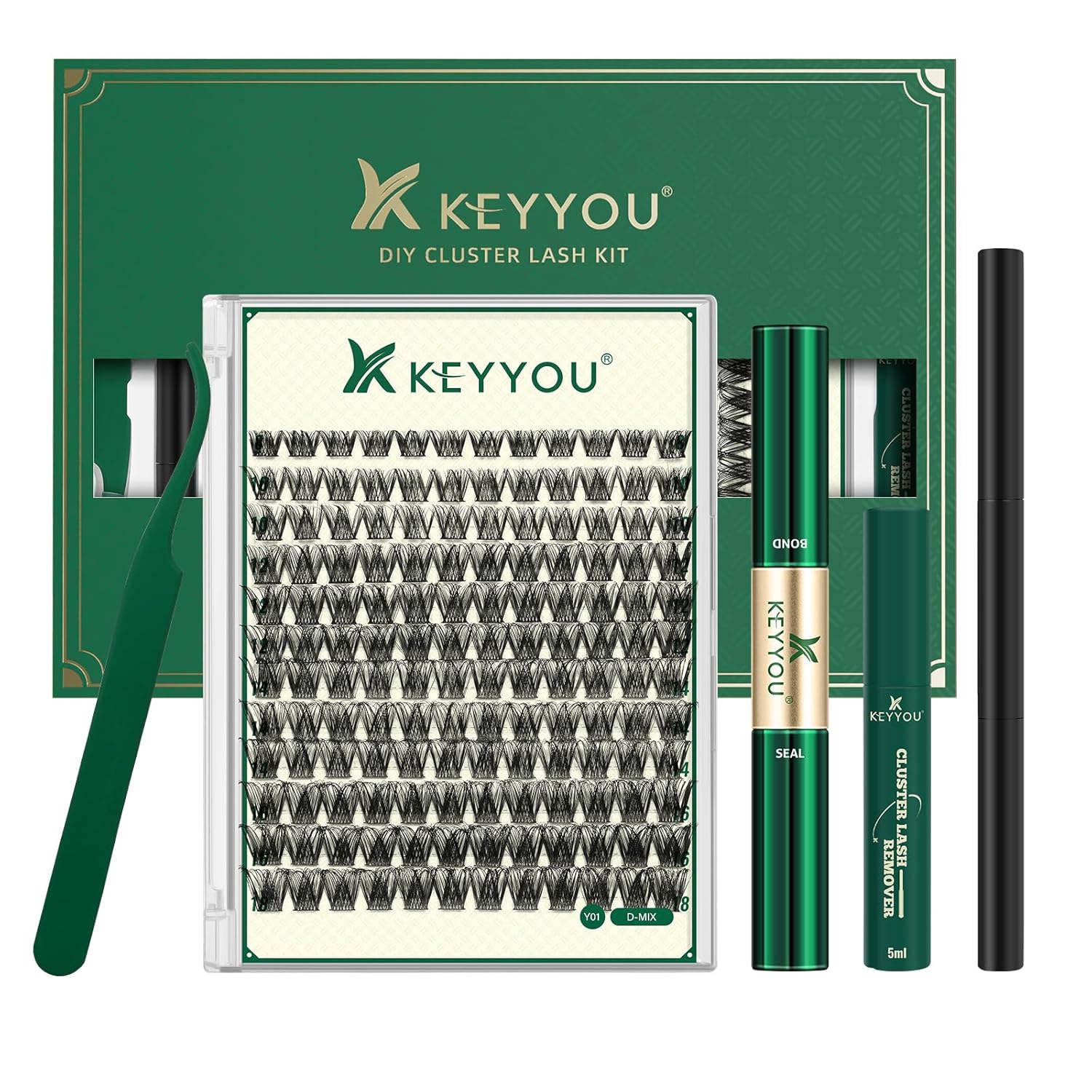 DIY Lash Extension Kit KEYYOU 144pcs Lash Clusters Eyelash Extension Kit with Mascara Brush Bond and Seal Lash Glue Remover Lash Applicators Lash Brush for DIY Lash Extensions (Y01 Kit)