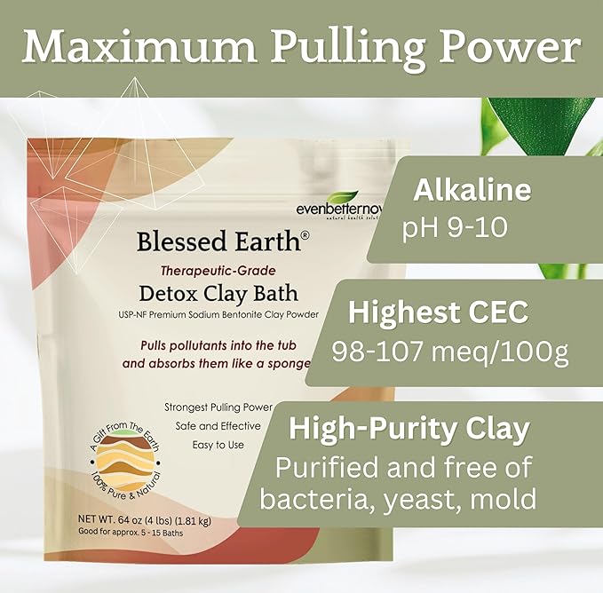 Blessed Earth® Detox Clay Bath, 100% Pure Sodium Bentonite Therapeutic Grade - Removes Toxins, Impurities and Contaminants, by Evenbetternow LLC, 4 lbs (64 oz)