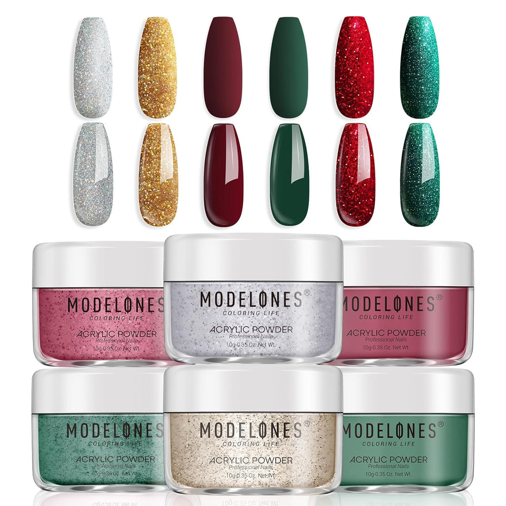 Modelones Christmas Colors Acrylic Powder Kit - 6 Colors Golden Glitter Yellow Green Dark Red Sliver Christmas Eve Cover Powder for Nail Art Extension - No Lamp Needed (C7-Lucky Clover)