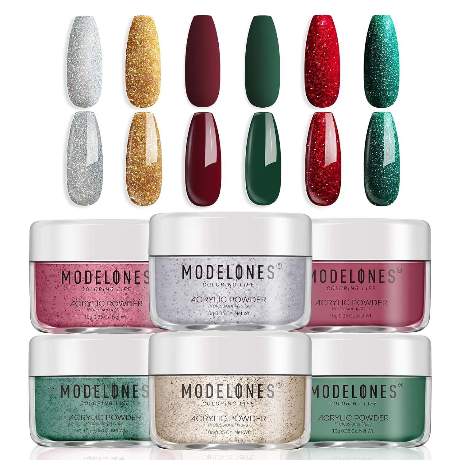 Modelones Christmas Colors Acrylic Powder Kit - 6 Colors Golden Glitter Yellow Green Dark Red Sliver Christmas Eve Cover Powder for Nail Art Extension - No Lamp Needed (C7-Lucky Clover)