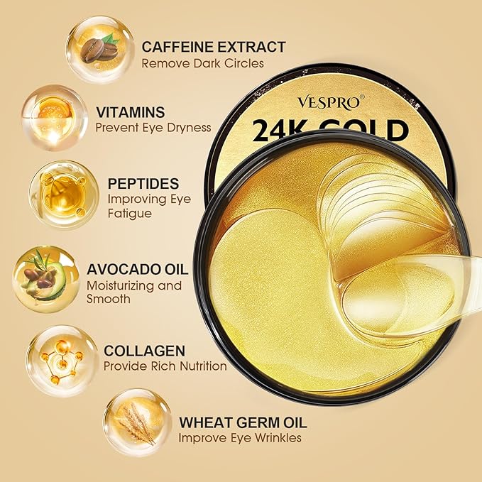 VESPRO 120 PCS 24K Gold Under Eye Patches for Dark Circles and Puffy Eyes, Eye Mask With Collagen and Hyaluronic Acid for Dark Circles, Puffiness and Wrinkles, Eye Skin Care for Women