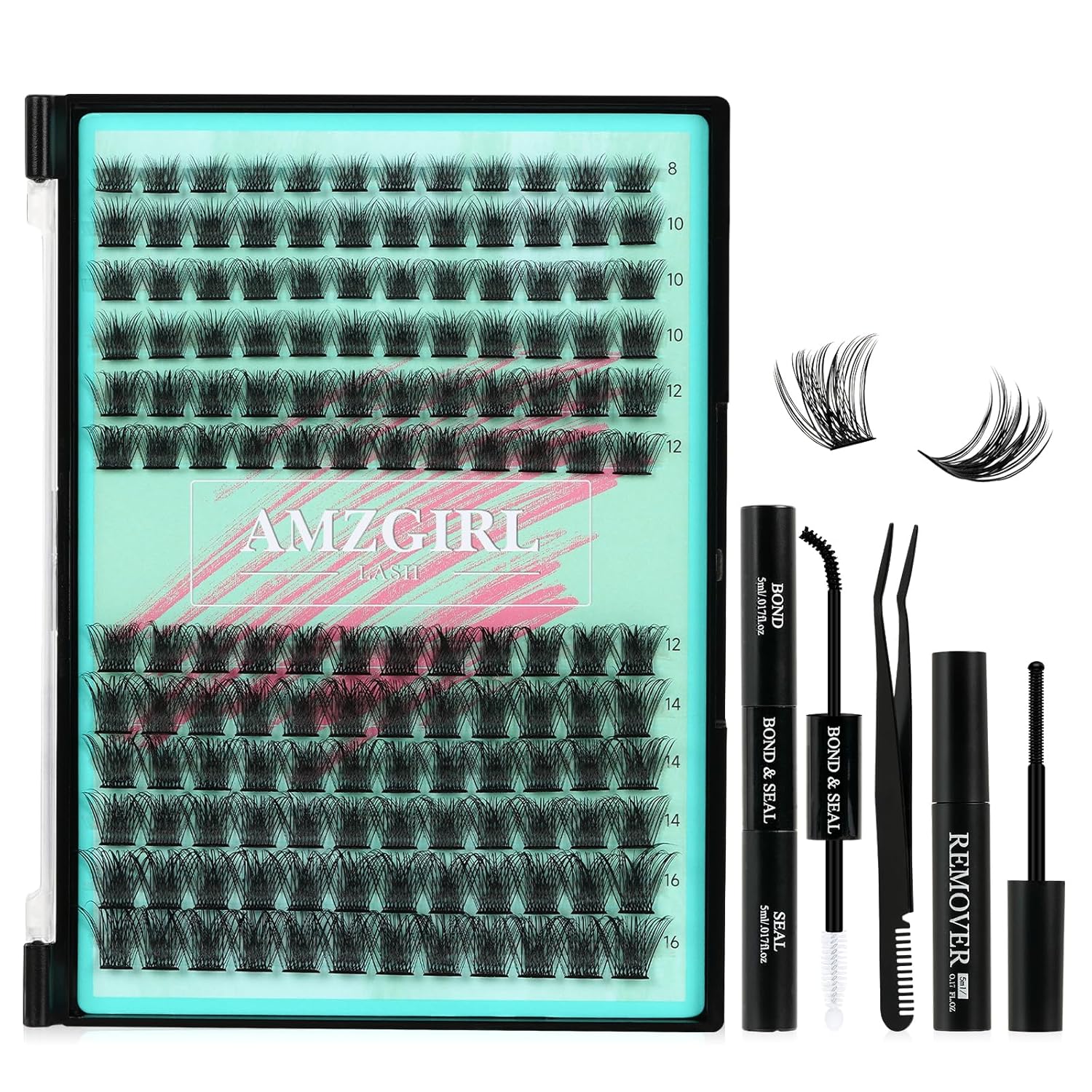 Lash Clusters Kit,144Pcs Eyelash Extension Kit Midnight with Lash Bond and Seal,Lashes Extensions Kit Lash Applicator Tool for Eyelashes Cluster Kit by AMZGlRL(D-Mix8-16mm Kit)