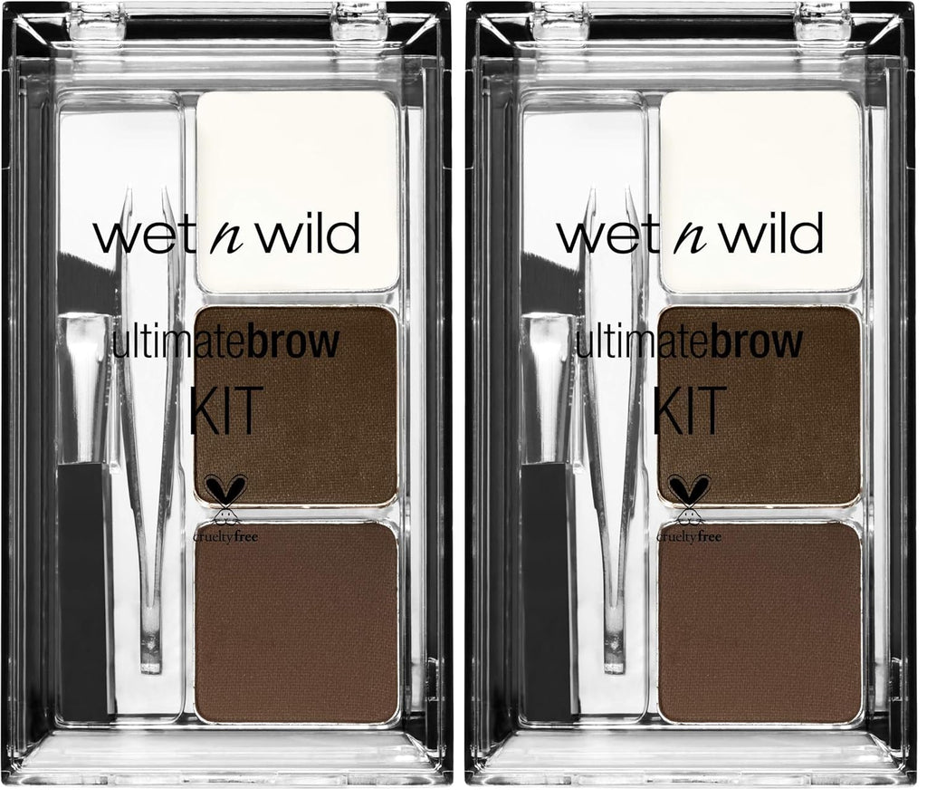 wet n wild Ultimate Eyebrow Makeup Kit, Long-Lasting Matte Brow Powder, Tweezers, Wax & Brush, Built-In Mirror, Purse-Friendly Compact - Dark Brown(Pack of 2)