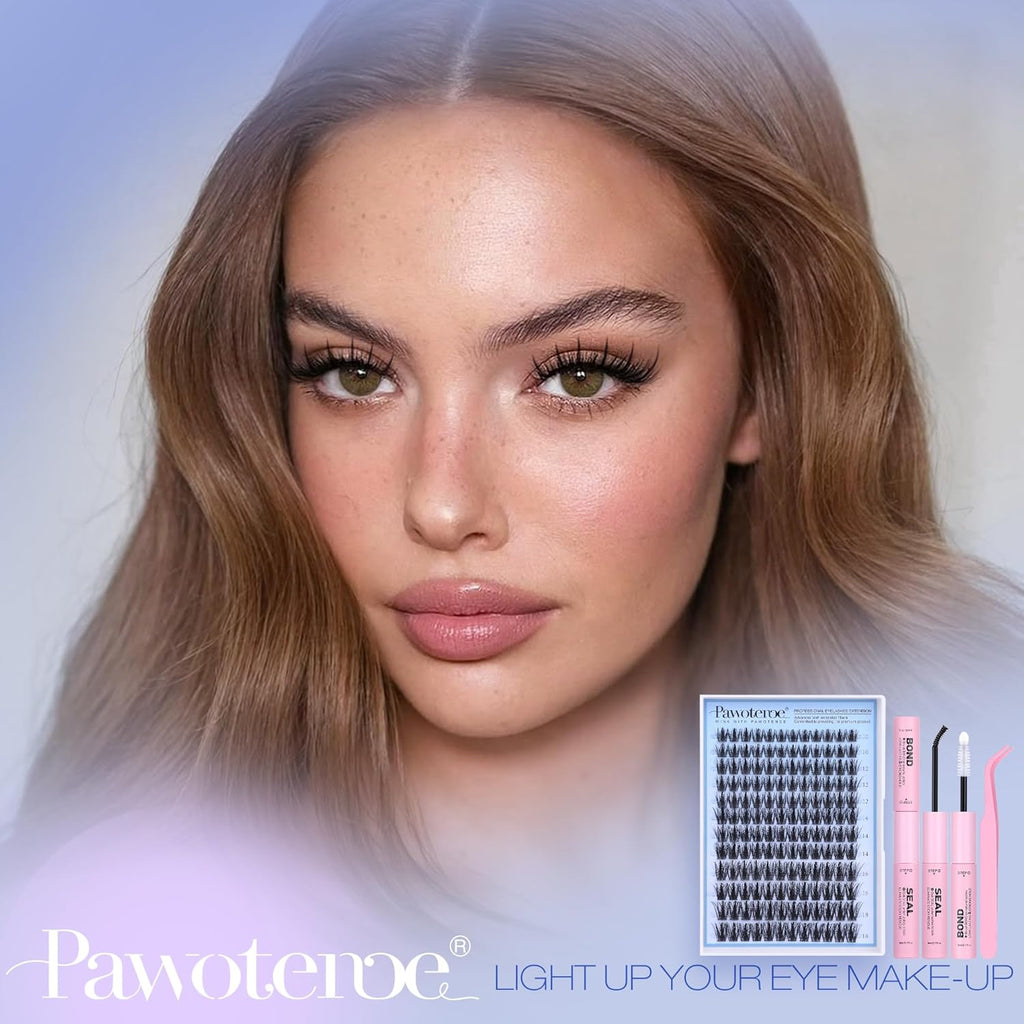 Pawotence Fairy Lash Clusters Kit Eyelash Clusters 10-18mm Wispy Lashes Clusters Eyelash Extension Kit 144pcs Natural Individual Lashes with Lash Bond and Seal, Tweezers, DIY Lash Extension Kit