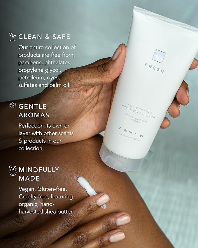 Zents Age-Defying Probiotic Body & Hand Lotion (Fresh) | Moisturizing Lotion with Hyaluronic Acid & Organic Shea Butter | Nourishes & Hydrates Skin | 6.4 fl oz