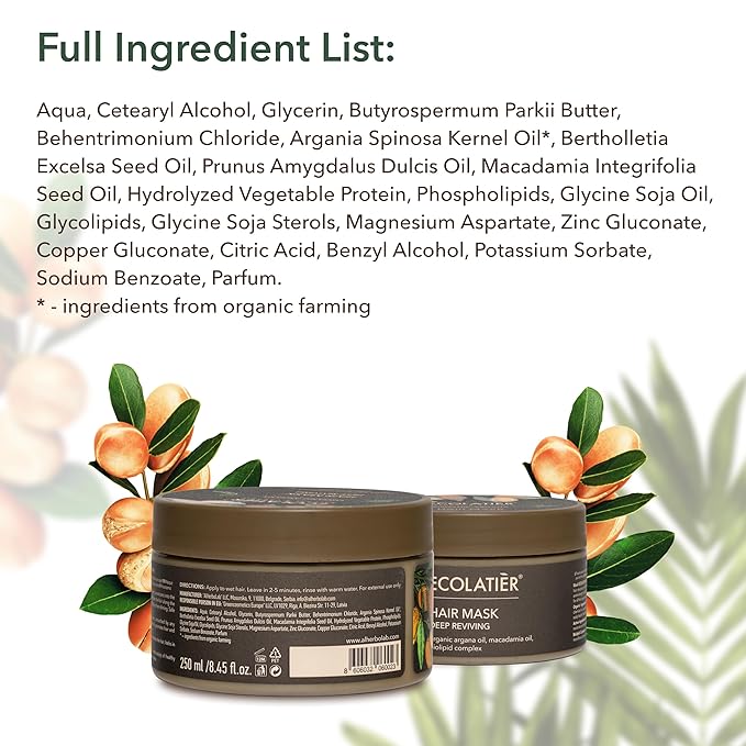 Organic Argana Oil Deep Reviving Vegan Hair Mask for damaged hair- ECOLATIER, 250ml - 96.9% Natural, Restores Shine, Argan & Macadamia Oils - 8.5 Fl Oz