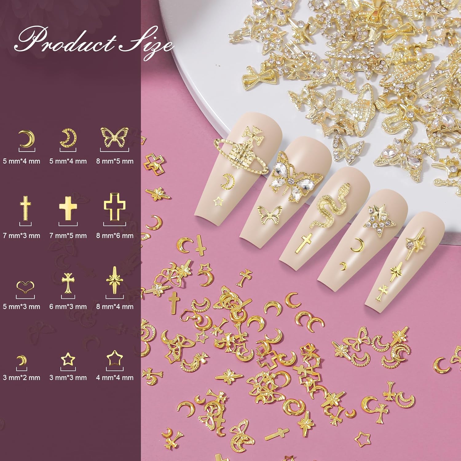 Artdone Nail Art Studs Kit, 3D Gold Cross Nail Charms and Diamond Butterfly Gems Bulk Nail Jewels Shiny Star and Moon for DIY Professional Manicures Decoration