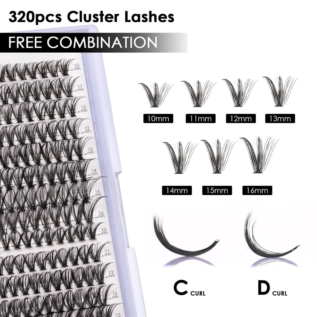 Lash Clusters 320pcs Individual Lashes 30D&40D DIY Lash Extensions D Curl Lash Clusters False Eyelashes Natural Look 10-16mm Mix Cluster Eyelash Extensions EASY TO USE (30D+40D-0.07D)
