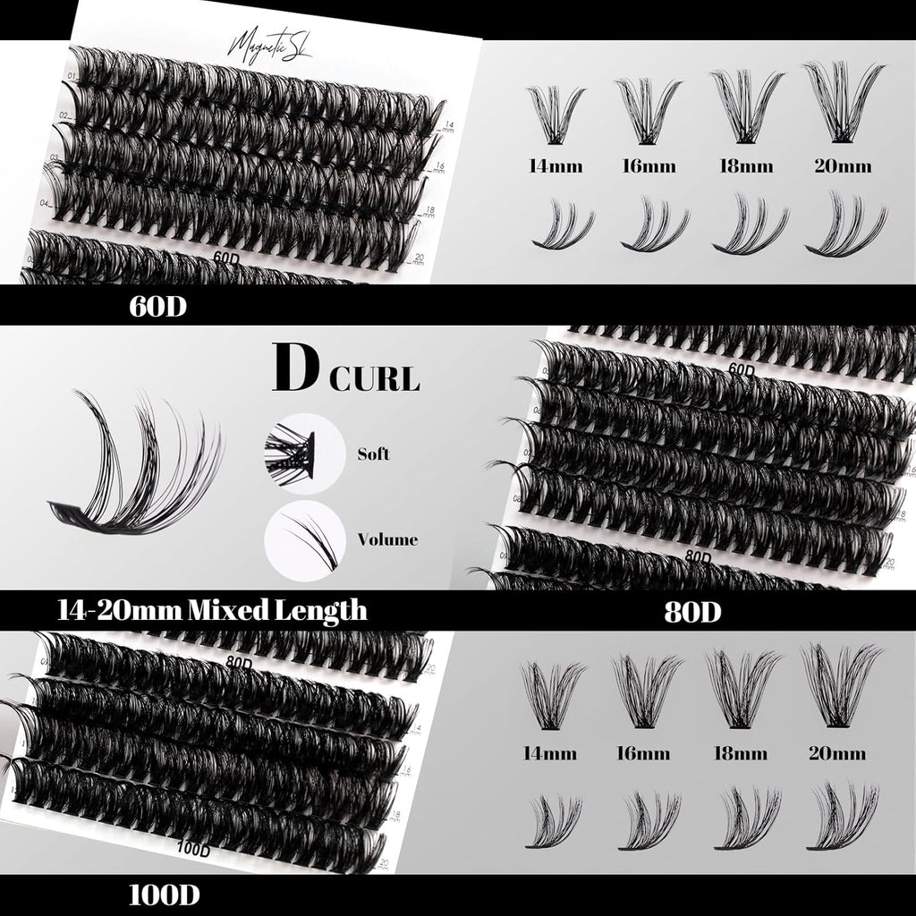 Lash Clusters 480 Clusters D Curl 10-20mm False Eyelash 60D 80D 100D Thick Eyelash Extension 20D 30D 40D Individual Eyelashes Multi-Style DIY Lash Extensions for Beginners(20D-100D-D, 10-20MIX)