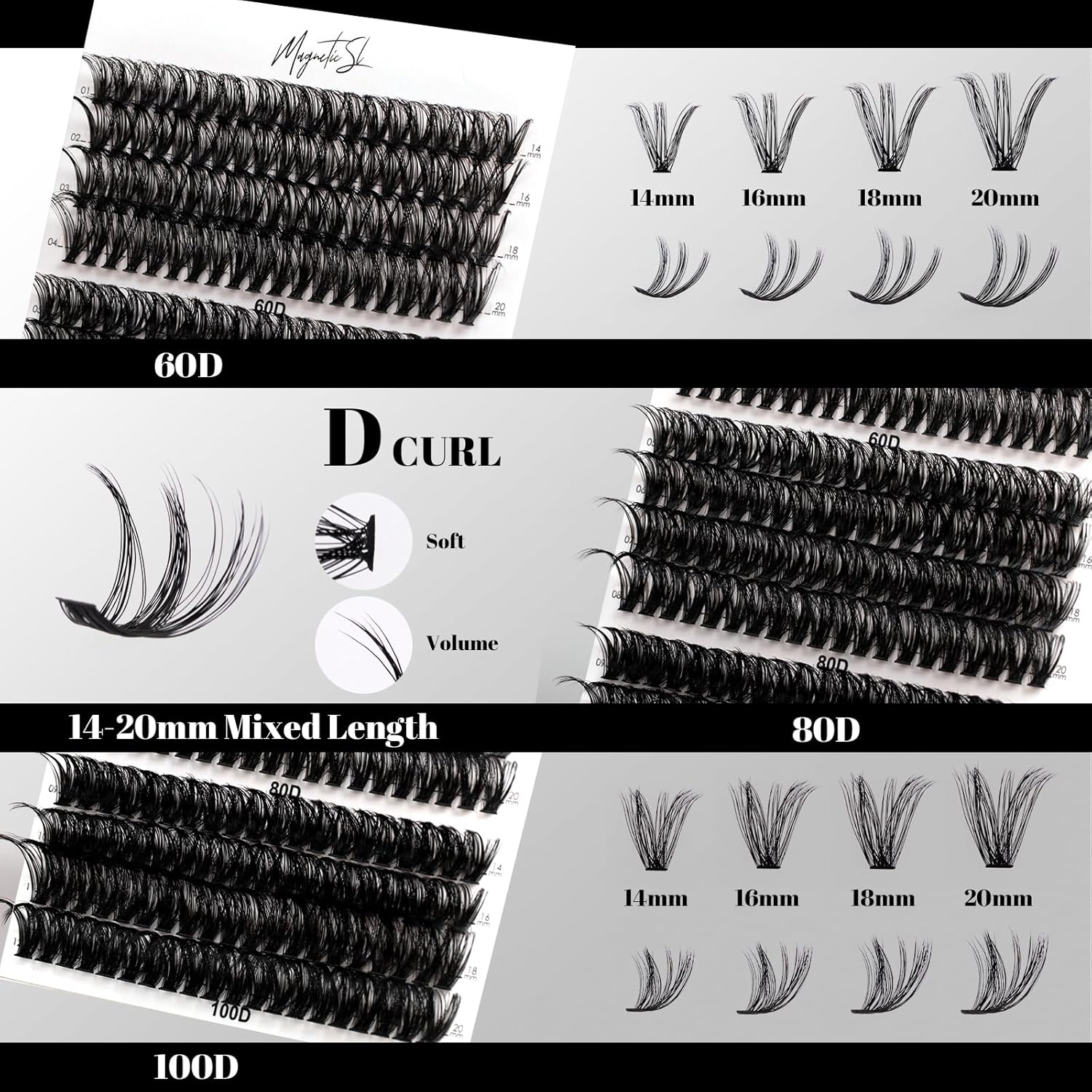 Lash Clusters 480 Clusters D Curl 10-20mm False Eyelash 60D 80D 100D Thick Eyelash Extension 20D 30D 40D Individual Eyelashes Multi-Style DIY Lash Extensions for Beginners(20D-100D-D, 10-20MIX)