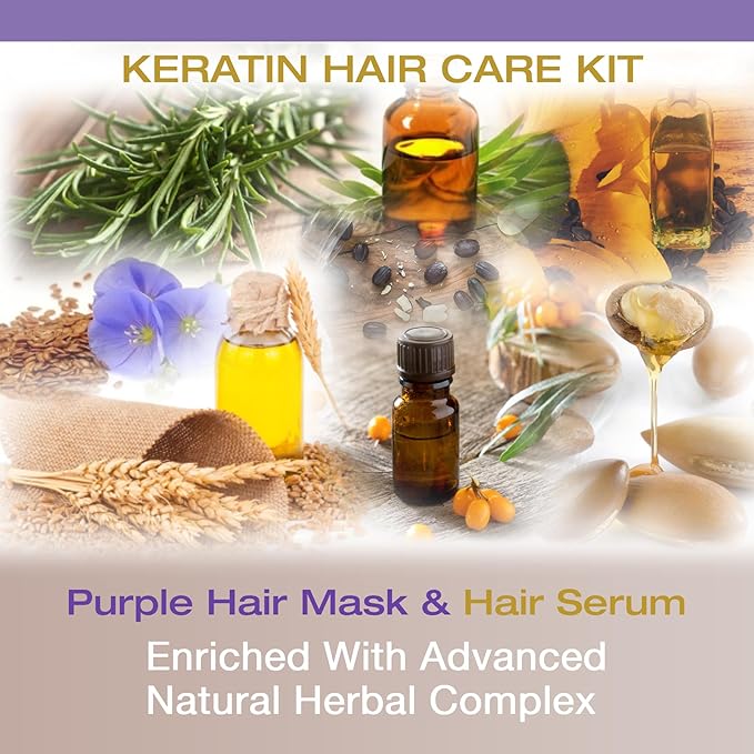 Vitamins Keratin Purple Blue Hair Mask and Serum Kit - Conditioning Anti-Brassiness Toner for Bleached Blonde Platinum Silver White Gray Dry Damaged Hair, Heat Protectant and Anti-Frizz Gloss