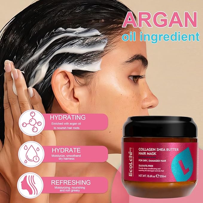 Collagen Hair Mask Shea Butter & Argan Oil Hair Serum Set - Deep Conditioning Hair Treatment Mask Organic Natural Essence for Dry Damaged Hair