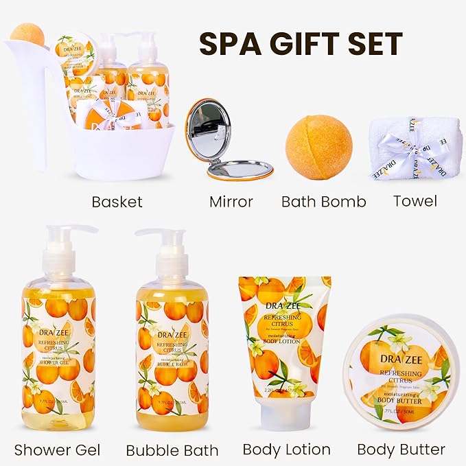 Draizee Mothers Day Gifts for Mom - Spa Gift Baskets for Women - 8 Pcs Luxury Citrus Scented Heel Shoe Design Bath and Body Spa Set - Self Care Package for Women, Present for Mom-Body Care Set for Her