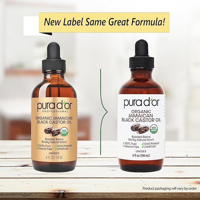 PURA D'OR 4 Oz ORGANIC Jamaican Black Castor Oil - Natural Smoky Scent - 100% Pure USDA Certified Cold Pressed, Hexane Free Eyelash & Eyebrow Serum - For Fuller, Thicker Lashes & Brows - Skin & Hair