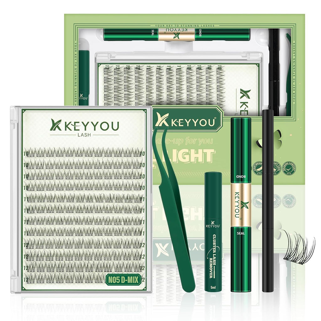 KEYYOU Natural Lash Clusters Kit 144Pcs DIY Lash Extension Kit Wispy Eyelash Extensions Kit D Curl 10-12MIX with Bond and Seal and tweezers with Thin Lash Band(KIT-N05-D-10-12MIX)