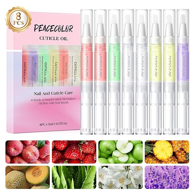 Peacecolor 8Pcs Cuticle Oil Pen for Nails Nail Oil Cuticle Pen for Nourishing Dry Damaged Cuticles Multiple Flavor Cuticle Revitalizer Oil Pen Nail Strengthener Nail Care Kit