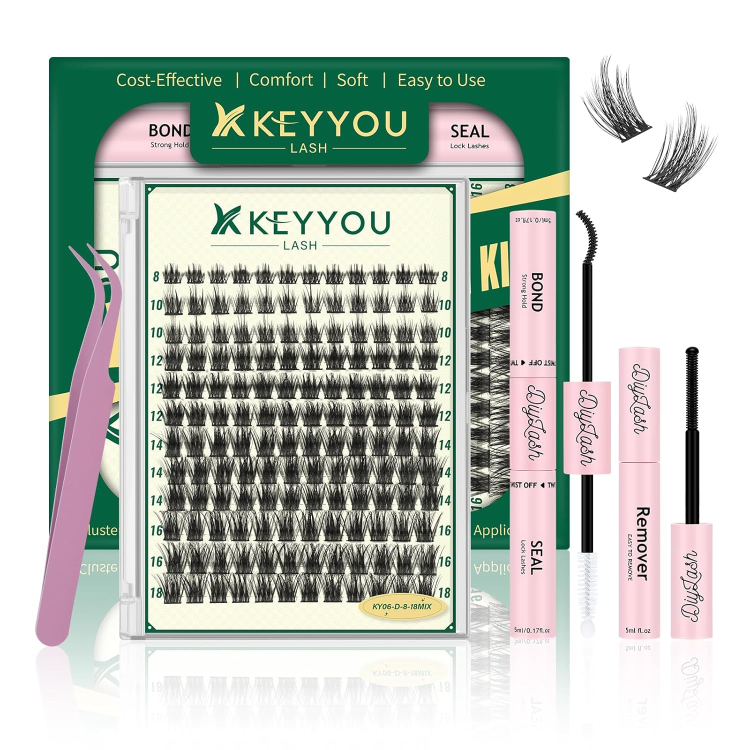 KEYYOULASH DIY Lash Extension Kit 144pcs 8-18MIX Lash Clusters Eyelash Extension Kit with Lash Bond and Seal,Remover,Applicators for DIY Lash Extensions at Home (KY06 Kit)