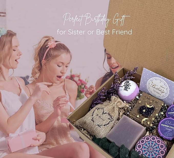 Lavender Gift Box for Women – Birthday Gift for Her, Spa Gift Set, Relaxing Self Care Package for Mom, Wife, Sister, Best Friend – Stress Relief Gifts for Women