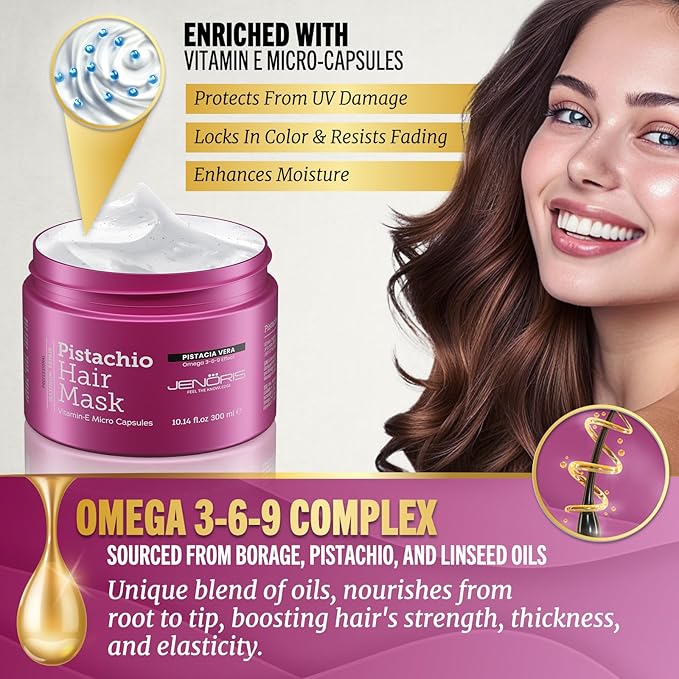 Jenoris Pistachio Hair Mask for Dry Damaged Hair – Deep Conditioning Hair Mask Treatment with Pistachio Oil & Vitamin E, For Color-Treated Hair, For Hair Repair, Paraben & Salt Free, 10.14 Fl Oz