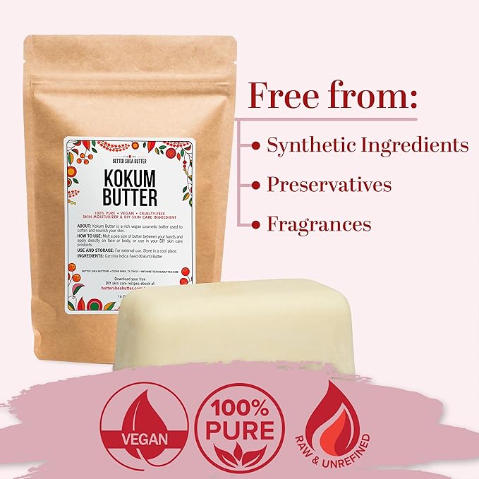 Raw Kokum Butter Unrefined - Body Butter Bar for Soap Making and DIY Lotion, Skin and Hair Products - Pure, Unscented Moisturizer for Skin - Kokum Butter 1 lb Block