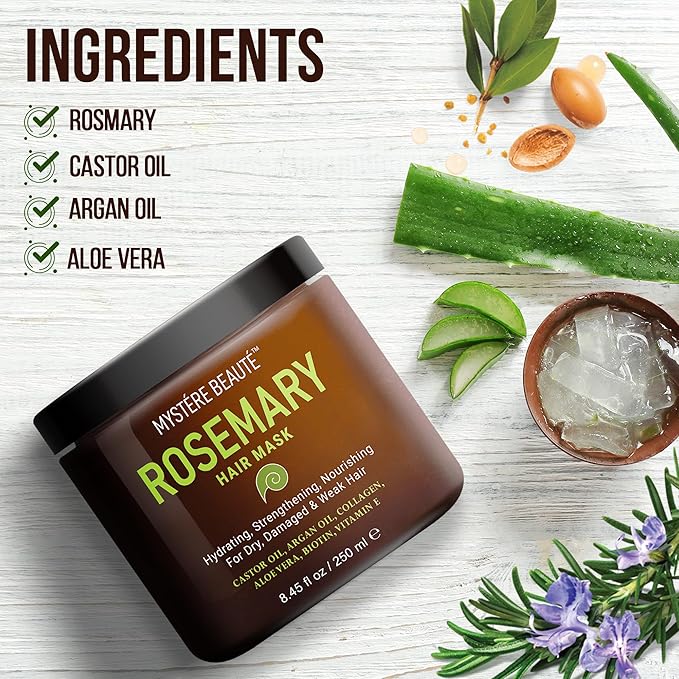 Rosemary Deep Conditioning Hair Mask for Dry Damaged Hair and Growth with Collagen Argan Oil - Rosemary Oil Leave in Conditioner aceite de romero puro y natural 8.5 fl oz x 2 Pack