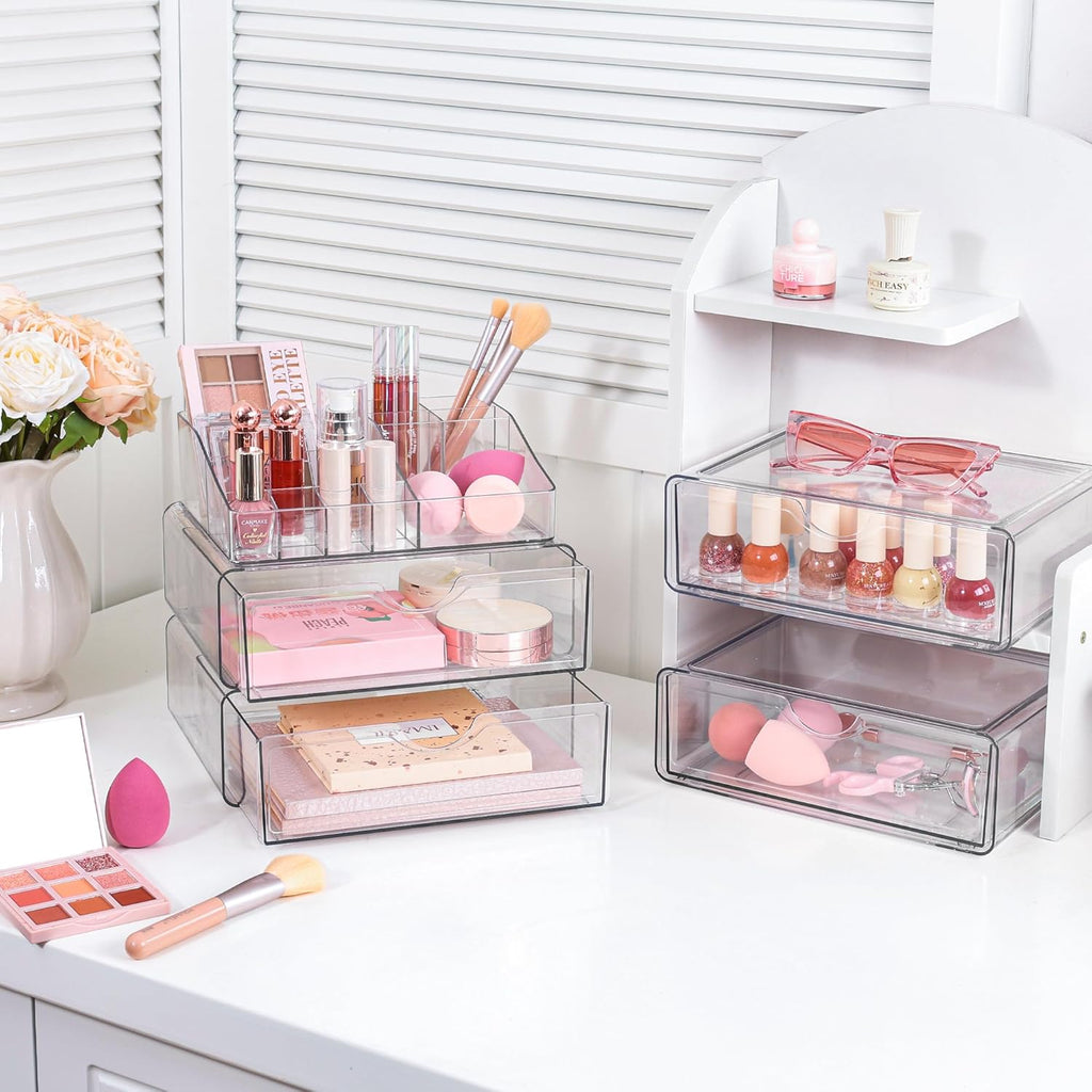 Vtopmart 5 Tier Clear Makeup Organizer with Drawer, Cosmetic Storage for Dresser Countertop and Bathroom Vanity, Beauty Holder for Lipstick Brush Skincare