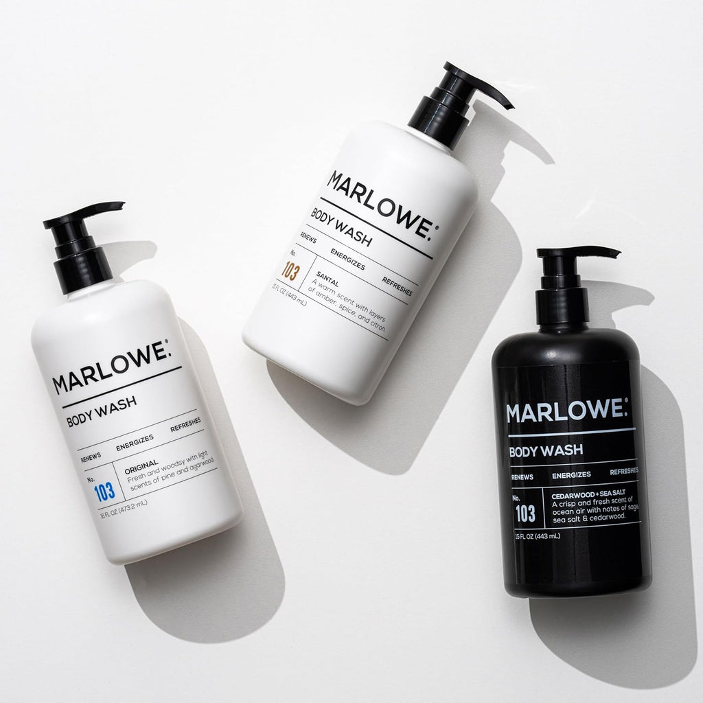 MARLOWE. No. 103 Body Wash 15 oz Pump, Cedarwood + Sea Salt, Energizing & Refreshing Shower Gel, Willow Bark & Green Tea Extracts, Cleanses, Moisturizes, Smooths & Nourishes, Fresh & Zesty Scent