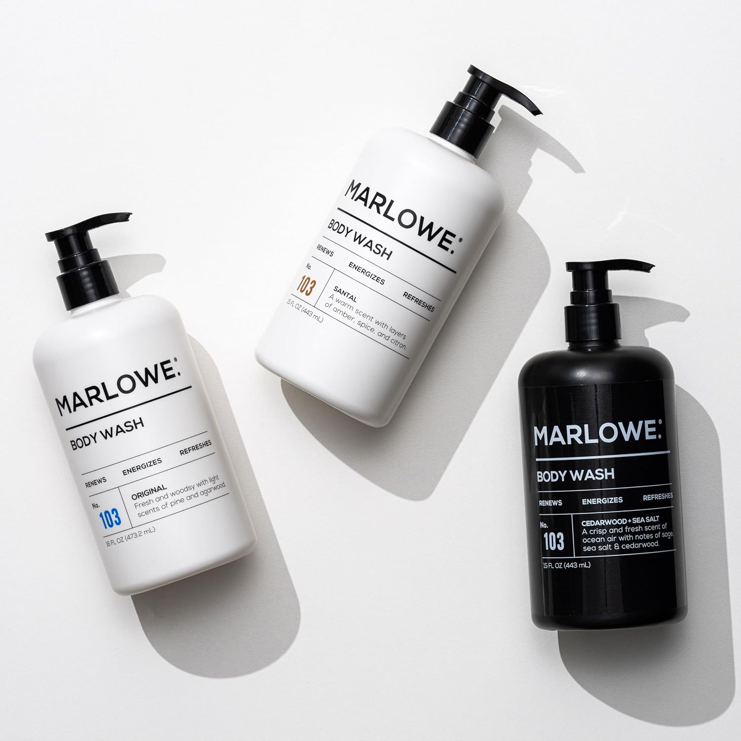 MARLOWE. No. 103 Body Wash 15 oz Pump, Cedarwood + Sea Salt, Energizing & Refreshing Shower Gel, Willow Bark & Green Tea Extracts, Cleanses, Moisturizes, Smooths & Nourishes, Fresh & Zesty Scent