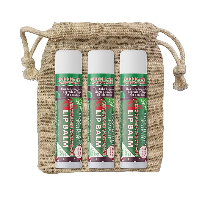 Vegan Lip Balm Set - Pack of 3 Chocolate Candy Cane Lip Balms from Soothing Touch. Large 0.25 oz size. Includes Bonus Muslin Pouch (3 x 4 in). Unique Gift Bundle from Tiny Seed