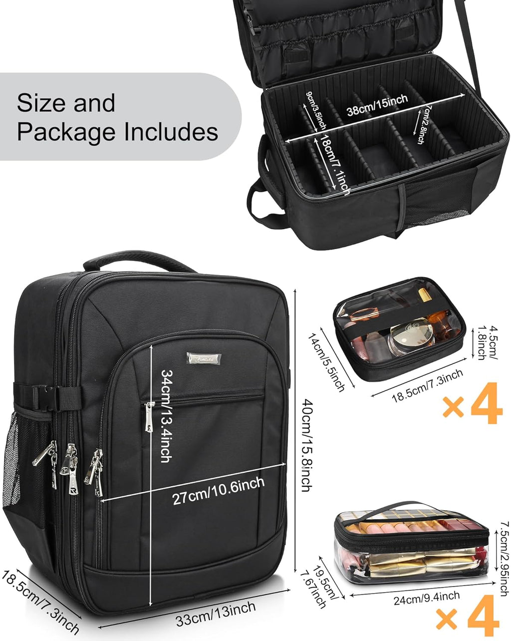 Makeup Backpack Professional Makeup Artist Bag Extra Large Cosmetic Bags with 8 Small Bags Double-Layer Travel Cosmetic Train Case Storage Organizer with Adjustable Divider