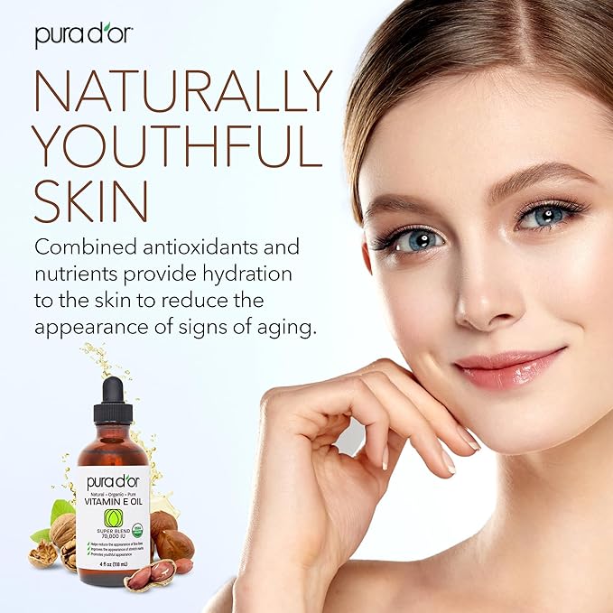 PURA D'OR 4 Oz ORGANIC Vitamin E Oil Blend 70,000 IU - 100% Natural Hexane Free, Sweet Almond, Apricot, Jojoba, Argan, Rosehip, Sunflower & Avocado Bath Oil For Scars, Skin, Face & Full Body