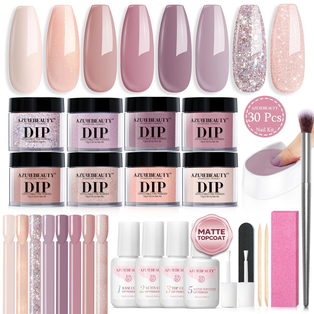 AZUREBEAUTY 30Pcs Dip Powder Nail Kit with Matte Top Coat, 8 Neutral Nude Lilac Colors, Starter Set