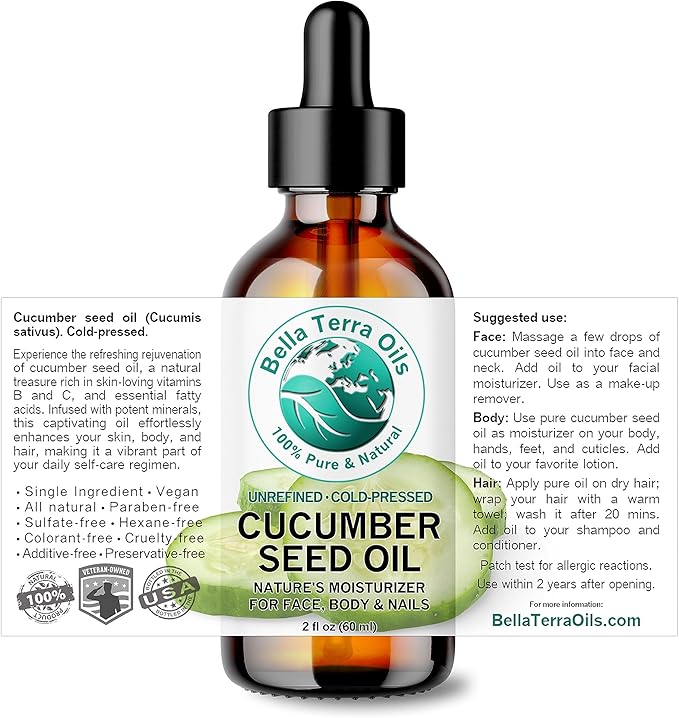 Bella Terra Oils - Cucumber Seed Oil 2 oz - Cold-Pressed Marvel, Packed with Vitamin E, B1, B2 & B3, Omega-6 Fatty Acids, Perfect Complement to Your Skin Regimen