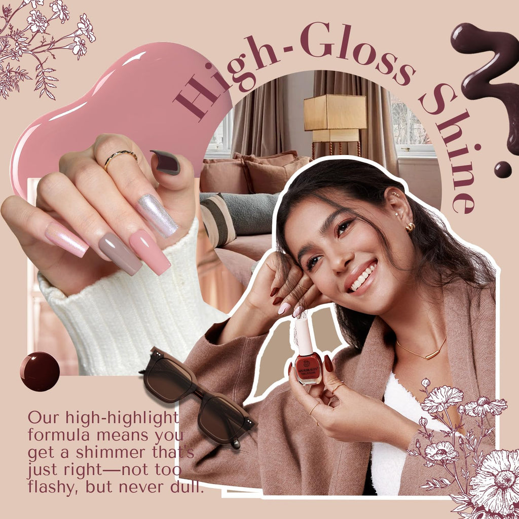 AZUREBEAUTY Nail Polish Set 4 Colors Brown Pink Glitter Nail Polish Quick Dry Natural Nail Lacquer Fingernail Kit with Top Coat DIY Salon Home