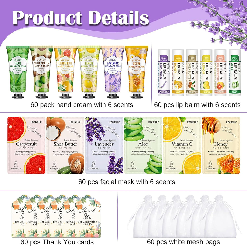 60 Pack Bulk Lip Balm, Facial Mask and Hand Cream Sets, Bridal Shower Favors, Thank You Gifts and Bridesmaid Gifts for Guests, Birthday Gifts, Adult Party Favors and Small Gifts for Women