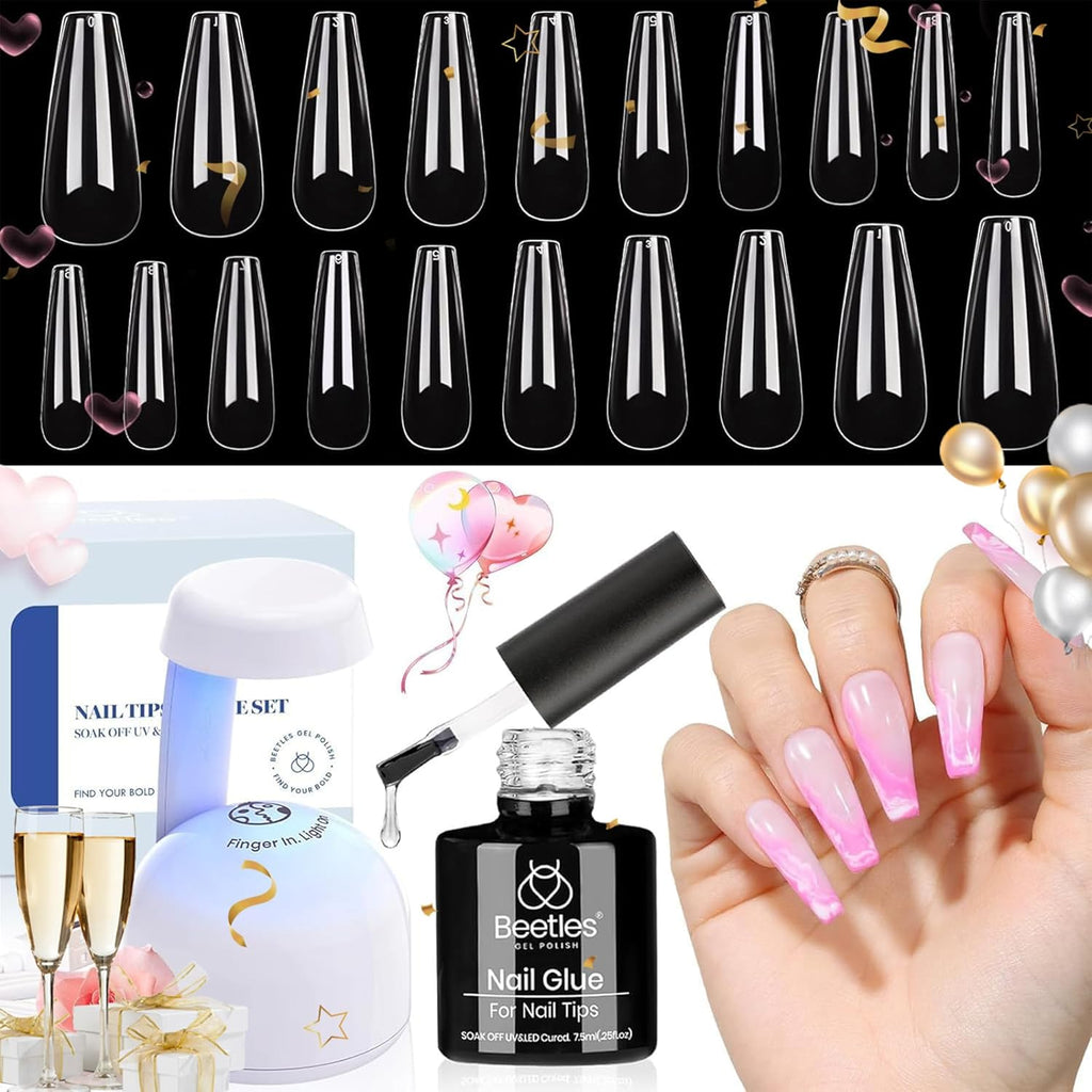 Beetles Gel Nail Kit Easy Nail Extension Set with 500Pcs Nail Tips Coffin Shape 5 In 1 Nail Glue Base Gel and Innovative Led Lamp Easy Diy Nails Art Home Gelly Tips