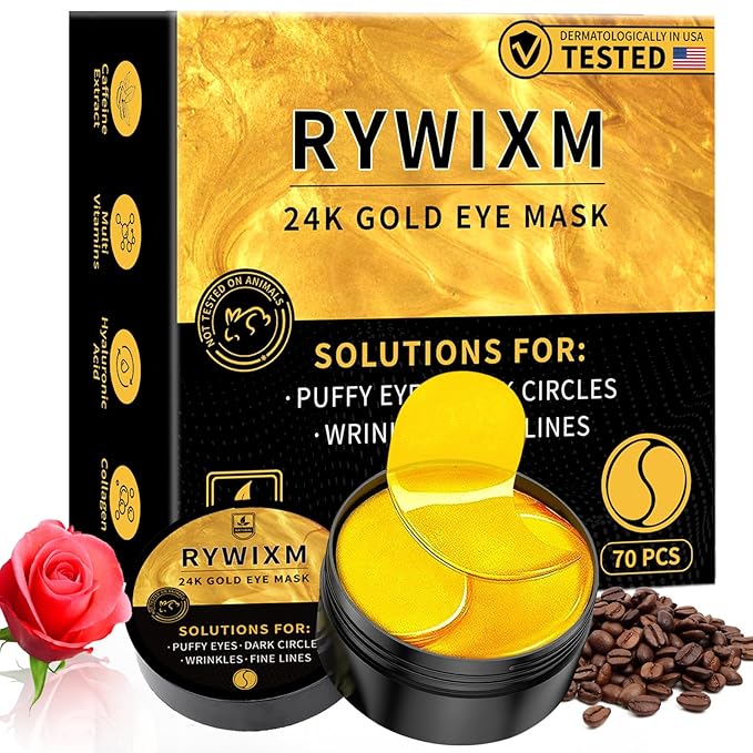 24K Gold Eye Masks for Dark Circles and Puffiness 70PCS, Under Eye Patches for Puffy Eyes Treatment, Under Eye Mask w/Caffeine, Hyaluronic Acid, Peptides for Eye Bags Treatment, Eye Mask Skincare
