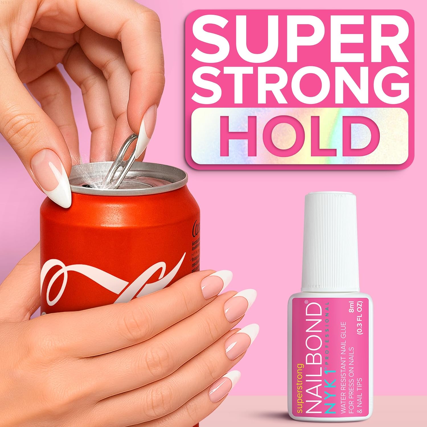 Super Strong Nail Glue for Press On Nails, Nail Tips & Acrylic Fake Nails (8ml) NYK1 NailBond Brush On Glue for Press Ons, Tips & Acrylics - Long Lasting, Maximum Strength, Mess-Free Application
